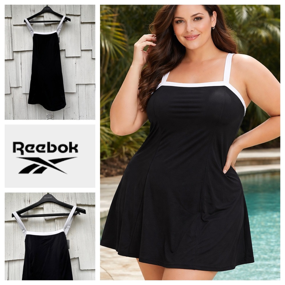 Reebok Womens Plus Size 14 Black White Convertible Strap Swim Dress